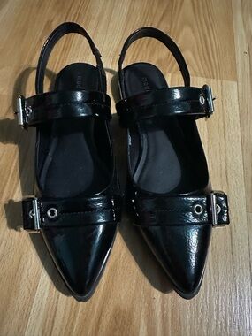 Madden Girl Black Patent Pointed Toe Buckle Slingback Flats